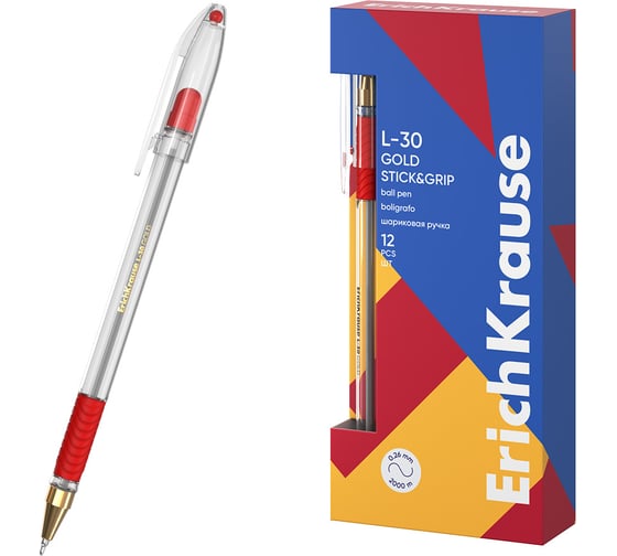 Ручка шариковая ErichKrause L-30 Gold Stick Grip Classic 0.7, Super Glide Technology, цвет чернил красный (в коробке по 12 шт.) 61043