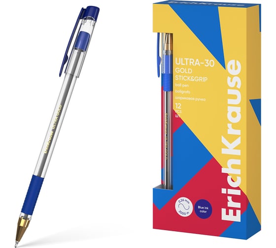 Ручка шариковая ErichKrause ULTRA-30 Gold Stick Grip Classic 0.7, Super Glide Technology, цвет чернил синий (в коробке по 12 шт.) 61109