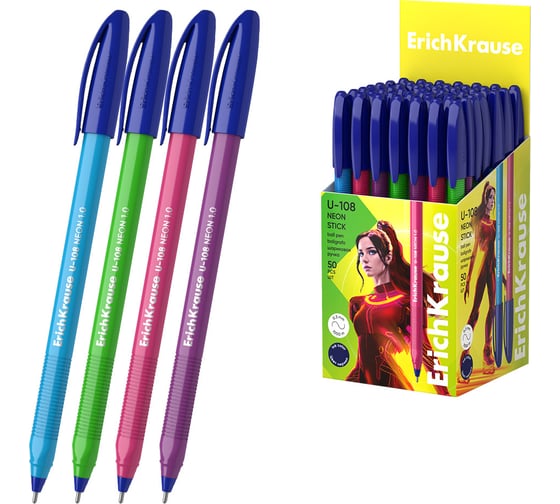 Ручка шариковая ErichKrause U-108 Stick Neon 1.0, Ultra Glide Technology, цвет чернил синий (в коробке по 50 шт.) 58092 1