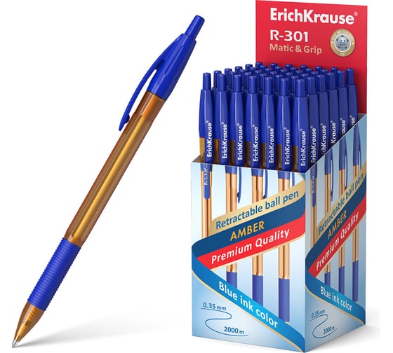 Ручка шариковая автоматическая ErichKrause R-301 Matic Grip Amber 0.7, цвет чернил синий (в коробке по 50 шт.) 58090