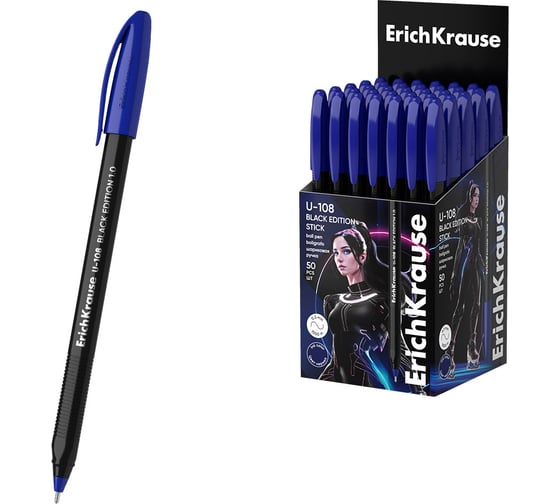 Ручка шариковая ErichKrause U-108 Stick Black Edition 1.0, Ultra Glide Technology, цвет чернил синий (в коробке по 50 шт.) 46777 1