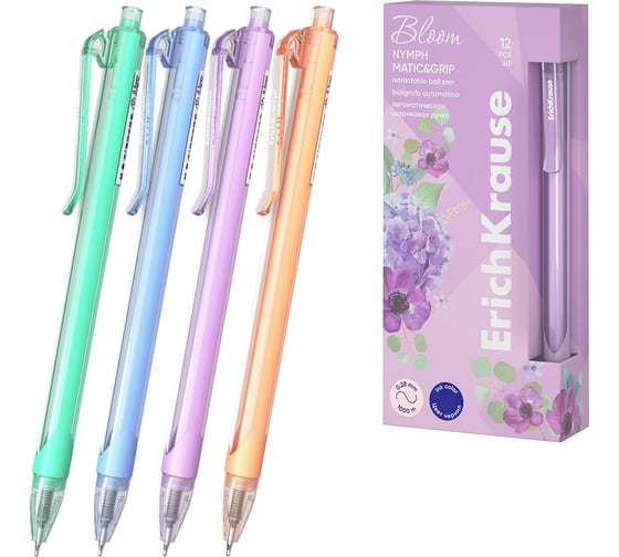 Ручка шариковая автоматическая ErichKrause Nymph Matic Pastel Bloom 0.7, цвет чернил синий (в коробке по 12 шт.) 61088