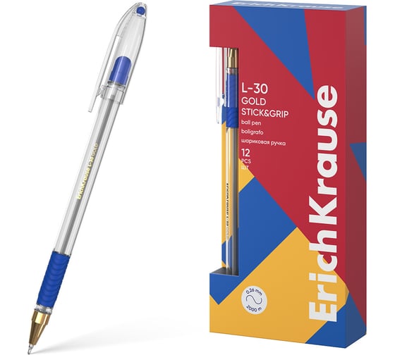 Ручка шариковая ErichKrause L-30 Gold Stick Grip Classic 0.7, Super Glide Technology, цвет чернил синий (в коробке по 12 шт.) 61041 1