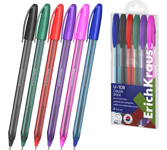 Набор из 6 ручек шариковых ErichKrause U-108 Stick Color 1.0, Ultra Glide Technology, цвет чернил ассорти (в пэт-боксе) 61022 1