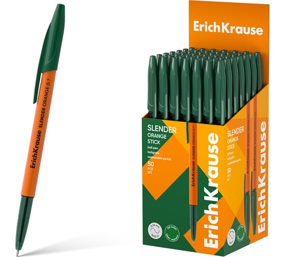 Ручка шариковая ErichKrause Slender Stick Orange 0.7, Super Glide Technology, цвет чернил зеленый (в коробке по 50 шт.) 63092