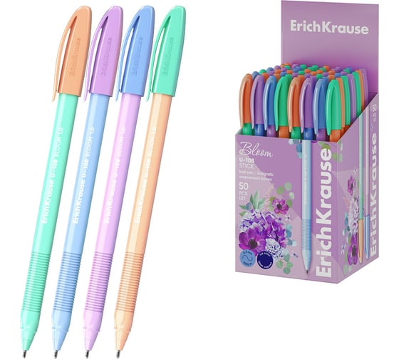 Ручка шариковая ErichKrause U-108 Stick Pastel Bloom 1.0, Ultra Glide Technology, цвет чернил синий (в коробке по 50 шт.) 61020