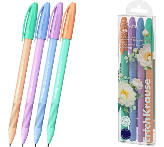 Набор из 4 ручек шариковых ErichKrause U-108 Stick Pastel Bloom 1.0, Ultra Glide Technology, цвет чернил синий (в пэт-боксе) 61272 1