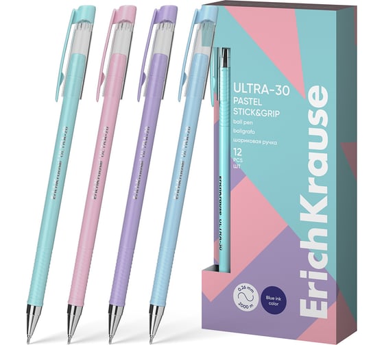 Ручка шариковая ErichKrause ULTRA-30 Stick Grip Pastel 0.7, Super Glide Technology, цвет чернил синий (в коробке по 12 шт.) 61037