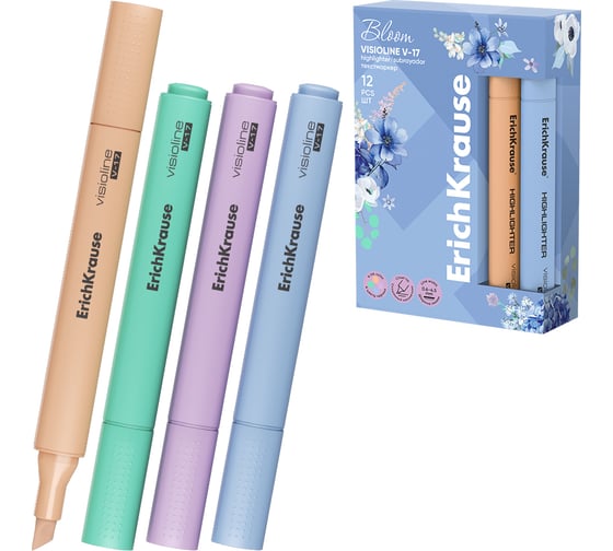 Текстмаркер ErichKrause Visioline V-17 Pastel Bloom, цвет чернил ассорти в коробке по 12 шт 60808 1