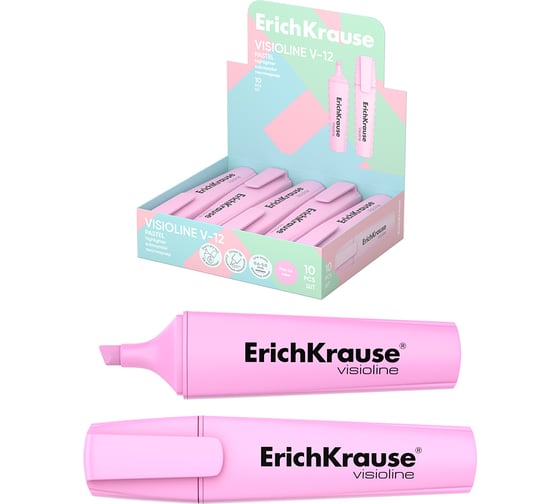 Текстмаркер ErichKrause Visioline V-12 Pastel, цвет чернил розовый в коробке-дисплее по 10 шт 60805 1