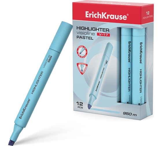 Текстмаркер ErichKrause Visioline V-17 Pastel, цвет чернил голубой в коробке по 12 шт 56022
