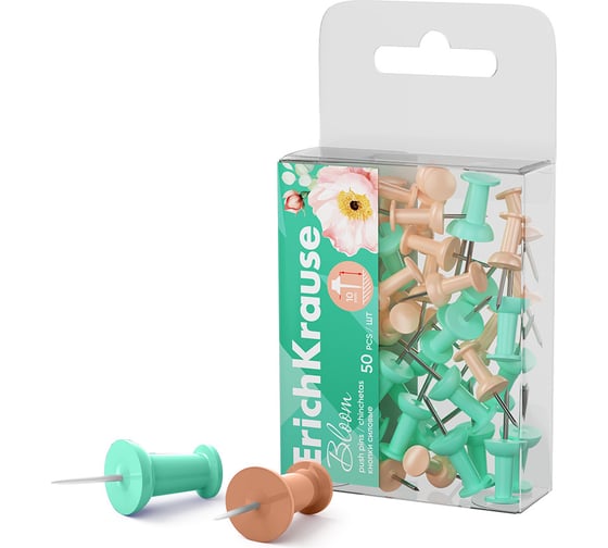 Кнопки силовые ErichKrause Pastel Bloom, ассорти в пэт-боксе по 50 шт 62056