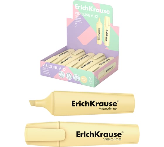 Текстмаркер ErichKrause Visioline V-12 Pastel, цвет чернил желтый в коробке-дисплее по 10 шт 60803