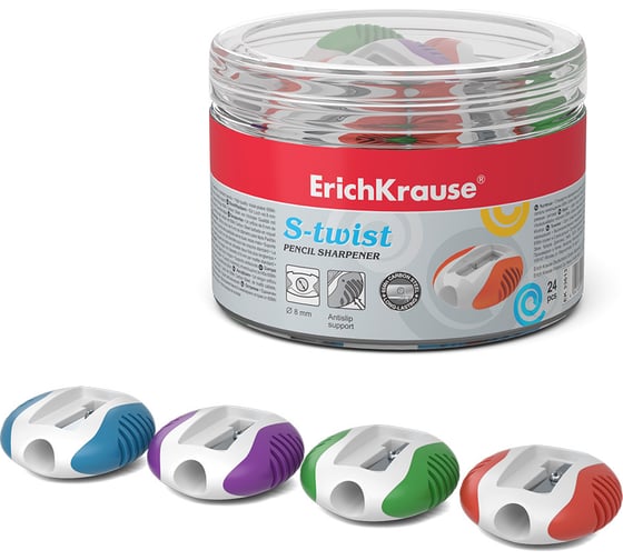 Точилка пластиковая ErichKrause S-Twist, ассорти в тубусе по 24 шт 33613 1