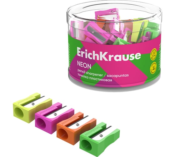Точилка пластиковая ErichKrause EasySharp, Neon, ассорти в тубусе по 60 шт 59986