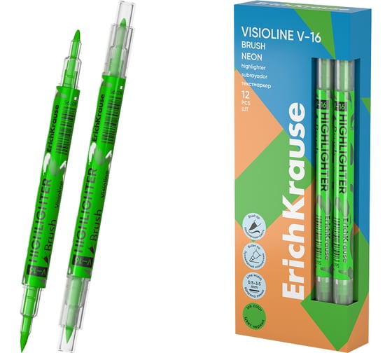 Двухсторонний текстмаркер ErichKrause Visioline V-16 Brush Neon, цвет чернил зеленый в коробке по 12 шт 60795