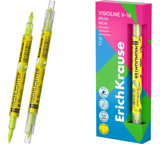 Двухсторонний текстмаркер ErichKrause Visioline V-16 Brush Neon, цвет чернил желтый в коробке по 12 шт 60794