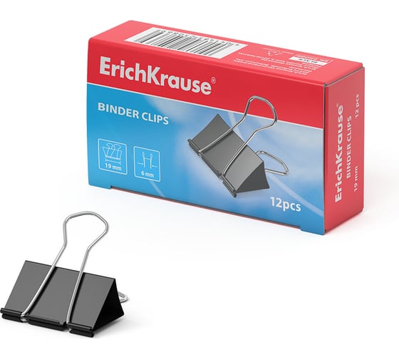 Зажимы для бумаг ErichKrause Classic, 19 мм, черный в коробке по 12 шт 25086 1