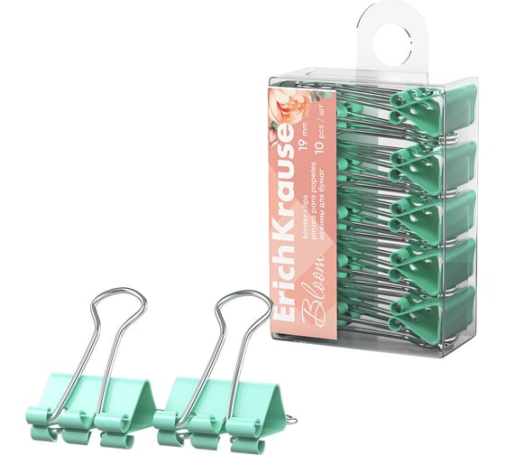 Зажимы для бумаг ErichKrause Pastel Bloom, 19 мм, Mint в пэт-боксе по 10 шт 62062 1
