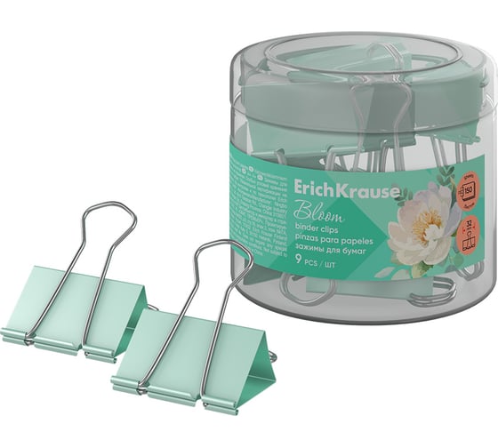 Зажимы для бумаг ErichKrause Pastel Bloom, 32 мм, Mint в пластиковой коробке, 9 шт 62068 1