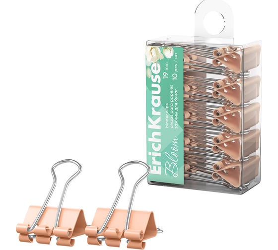 Зажимы для бумаг ErichKrause Pastel Bloom, 19 мм, Peach в пэт-боксе по 10 шт 62063