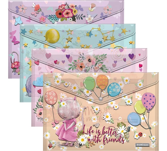 Набор из 4 папок-конвертов на кнопке пластиковых ErichKrause Cute Animals, A4, ассорти 54909
