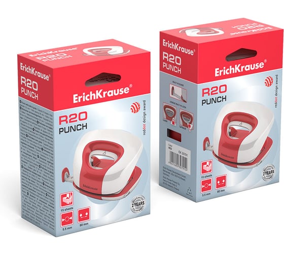 Дырокол ErichKrause R20 до 15 листов, красный (в коробке по 1 шт) 30791