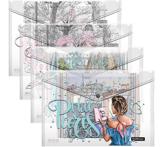 Набор из 4 папок-конвертов на кнопке пластиковых ErichKrause Dreamy Girls, A4, ассорти 54911 1