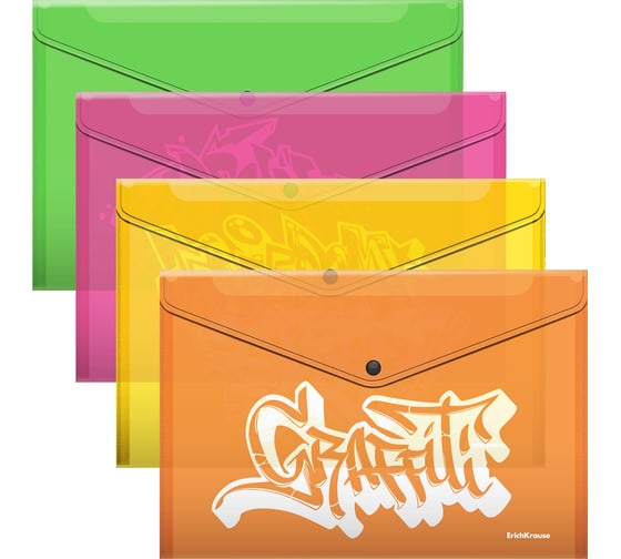 Папка-конверт на кнопке пластиковая ErichKrause Graffiti, A4, ассорти, 12 шт 55161 1