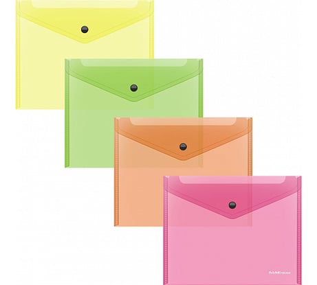 Папка-конверт ErichKrause на кнопке пластиковая текстура Зеркало Неон, A5+, полупрозрачный, ассорти 50305