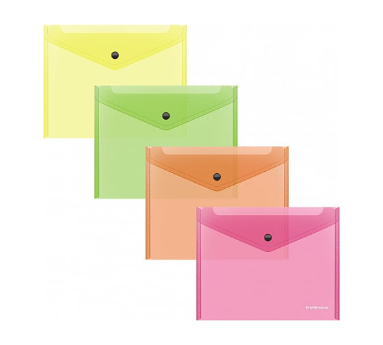 Папка-конверт на кнопке пластиковая ErichKrause Glossy Neon, A5+, полупрозрачный, ассорти, 12 шт 50305