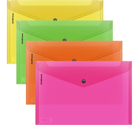 Папка-конверт на кнопке пластиковая ErichKrause Glossy Neon, A4, полупрозрачный, ассорти, 24 шт 55152