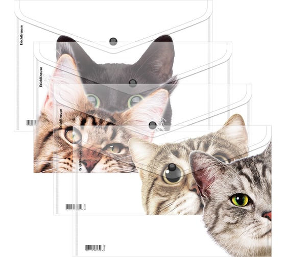 Папка-конверт на кнопке пластиковая ErichKrause Hiding Cats, A4, ассорти, 12 шт 61155