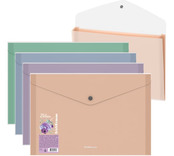 Папка-конверт на кнопке пластиковая Matt Pastel Bloom, с 4 цветными отделениями, A4, прозрачный, ассорти, 4 шт 61161 1