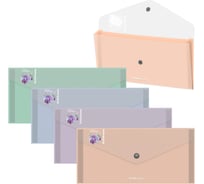 Папка-конверт на кнопке пластиковая Matt Pastel Bloom, с 3 цветными отделениями, Travel, прозрачный, ассорти, 4 шт 61162