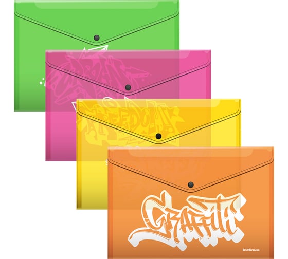 Папка-конверт на кнопке пластиковая ErichKrause Graffiti, B5, ассорти, 12 шт 55162 1