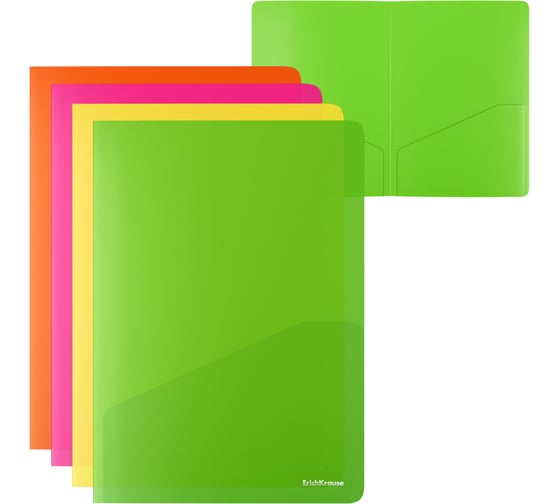 Папка-уголок пластиковая ErichKrause Glossy Neon, с 2 карманами, A4, полупрозрачный, ассорти, 12 шт 53603 1