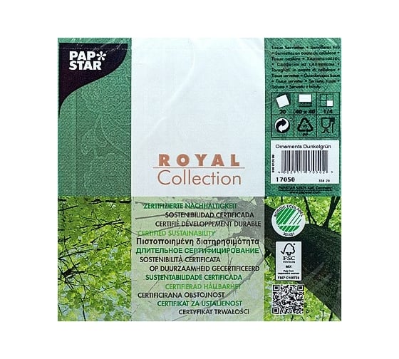 Трехслойная бумажная салфетка PAPSTAR ROYAL COLLECTION зеленая 40х40 см 20 шт в упаковке 1/8 PS-17050