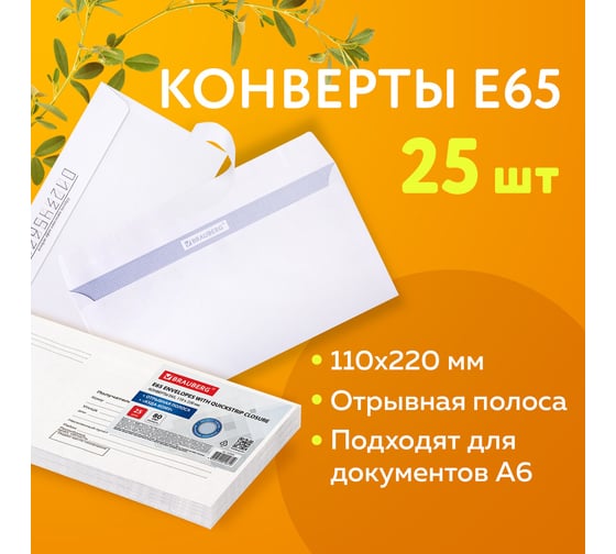 Конверты BRAUBERG Е65 (110x220 мм), отрывная лента, Куда-Кому, 80 г/м2, комплект 25 шт, внутренняя запечатка 122450