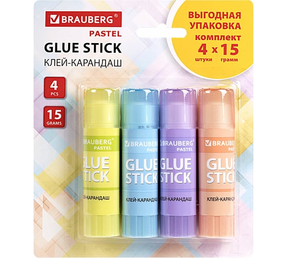 Клей-карандаш BRAUBERG 15 г, 4 штуки на блистере, PVP основа 271250 1