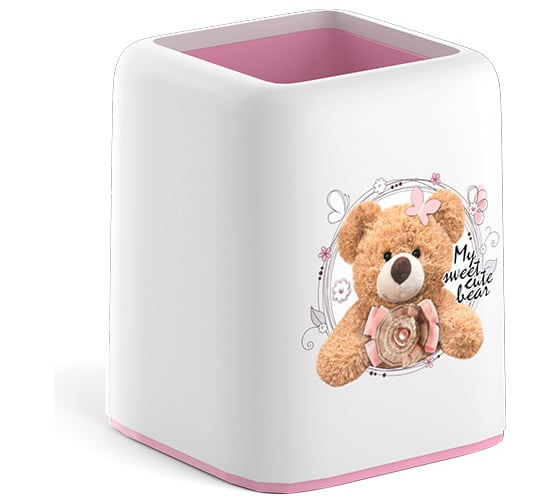 Настольная пластиковая подставка ErichKrause Forte, Teddy Bear, белая с розовой пастельной вставкой 55845 1