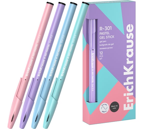 Гелевая ручка ErichKrause R-301 Gel Stick Pastel 0.5, цвет чернил черный (в коробке по 12 шт.) 61293 1