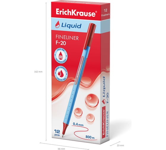 Капиллярная ручка ErichKrause Liquid F-20 Stick, цвет чернил красный (в коробке по 12 шт.) 47971