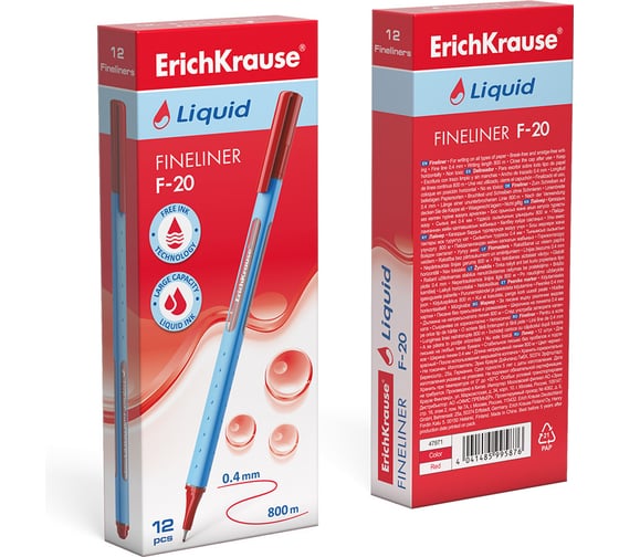 Капиллярная ручка ErichKrause Liquid F-20 Stick, цвет чернил красный (в коробке по 12 шт.) 47971