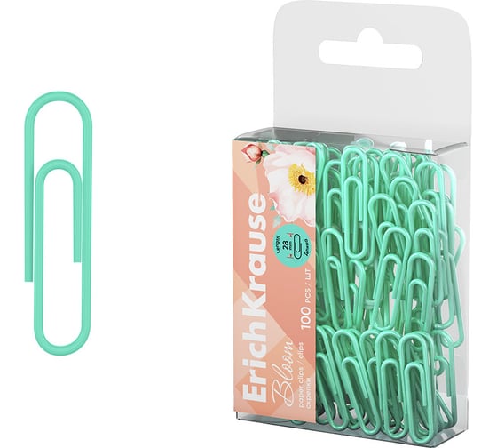 Металлические скрепки ErichKrause с виниловым покрытием Pastel Bloom, 28 мм, Mint (в пэт-боксе по 100 шт.) 62044
