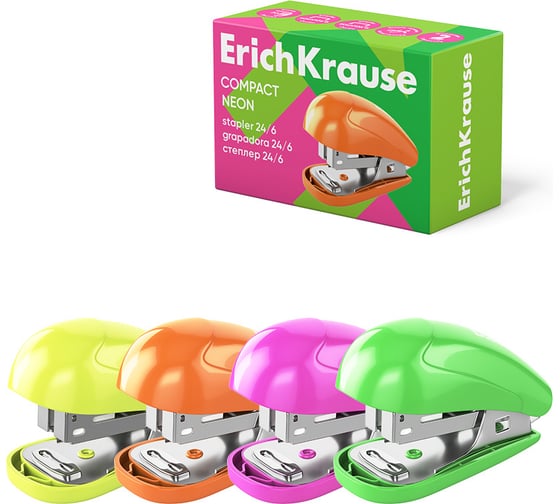 Мини-степлер ErichKrause №24/6, 26/6 Compact Neon до 20 листов, ассорти (в коробке по 1 шт.) 61736