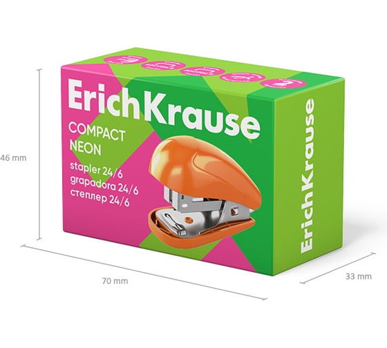 Мини-степлер ErichKrause №24/6, 26/6 Compact Neon до 20 листов, ассорти (в коробке по 1 шт.) 61736