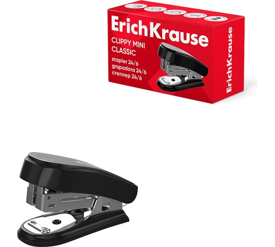 Мини-степлер ErichKrause №24/6, 26/6 Clippy Mini Classic до 15 листов, черный (в коробке по 1 шт.) 61741 1