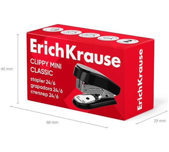 Мини-степлер ErichKrause №24/6, 26/6 Clippy Mini Classic до 15 листов, черный (в коробке по 1 шт.) 61741