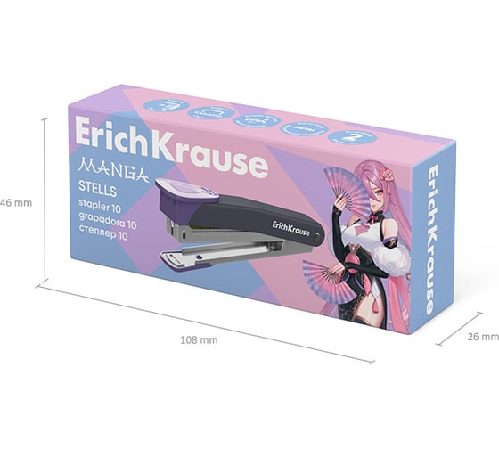 Степлер ErichKrause №10 Stells Manga до 15 листов, ассорти (в коробке по 1 шт.) 61738